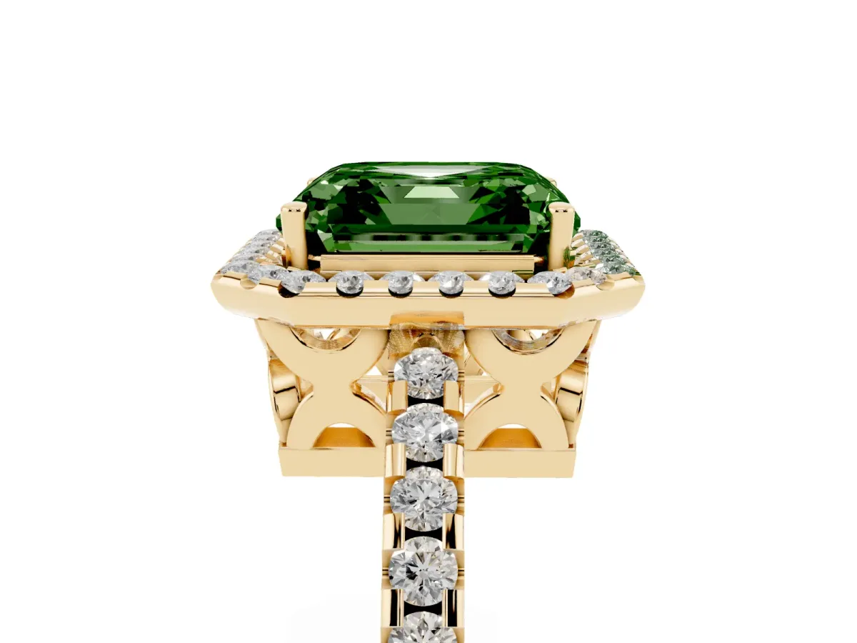 Fancy Green Asscher Cut Diamond Halo Engagement Ring with Pavé Band and Prong Setting Yellow gold