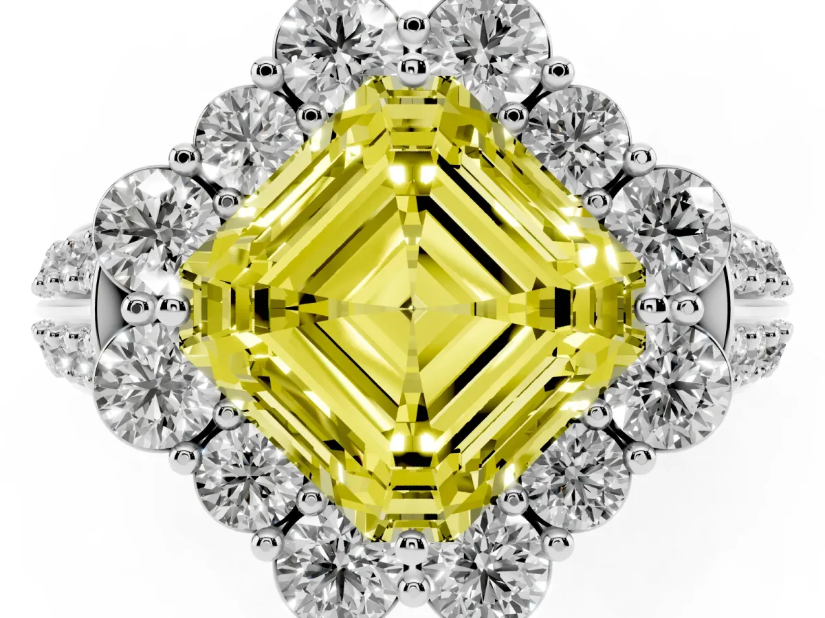 Fancy Yellow Asscher Cut Halo Diamond Engagement Ring with Split Shank and Prong Setting Silver