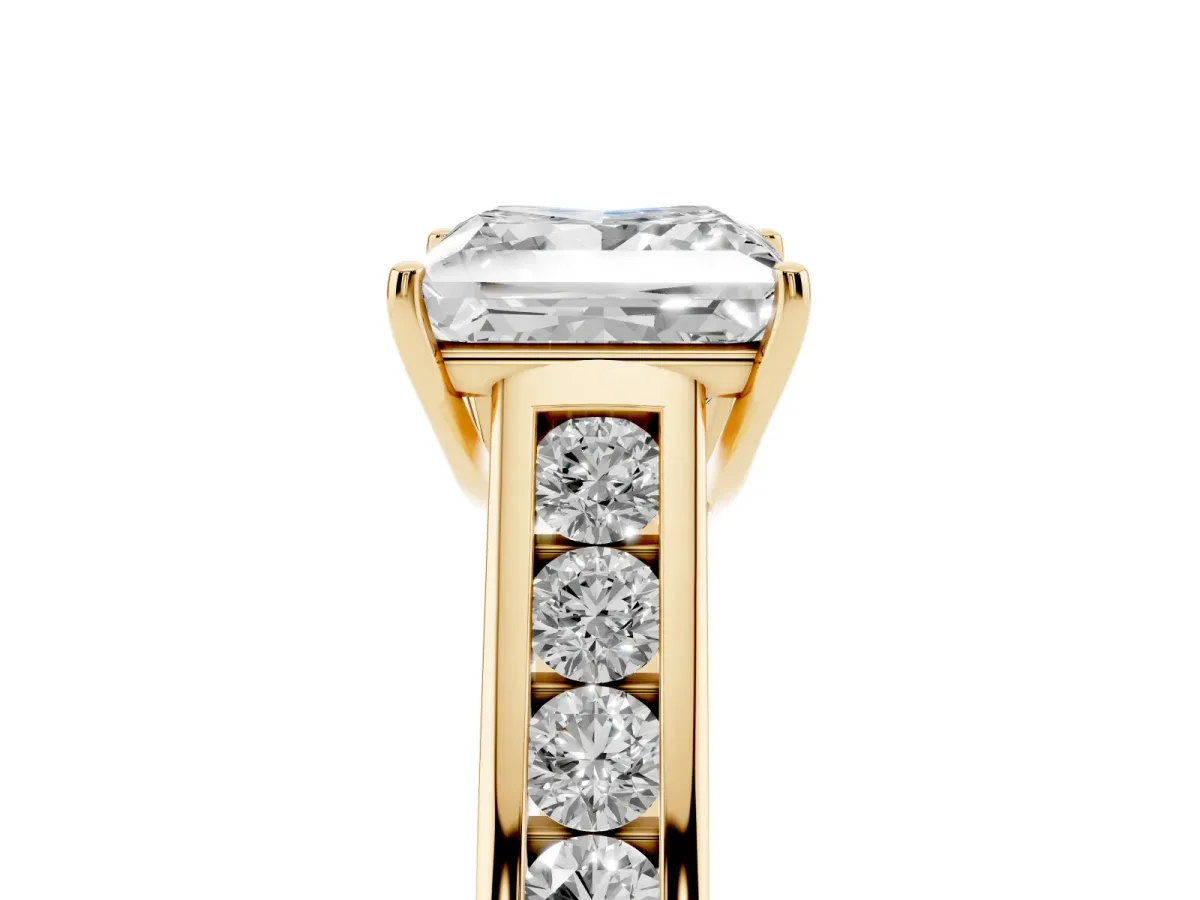 Princess Cut Brilliant Channel-Set Solitaire Ring with Four-Prong Setting Yellow gold