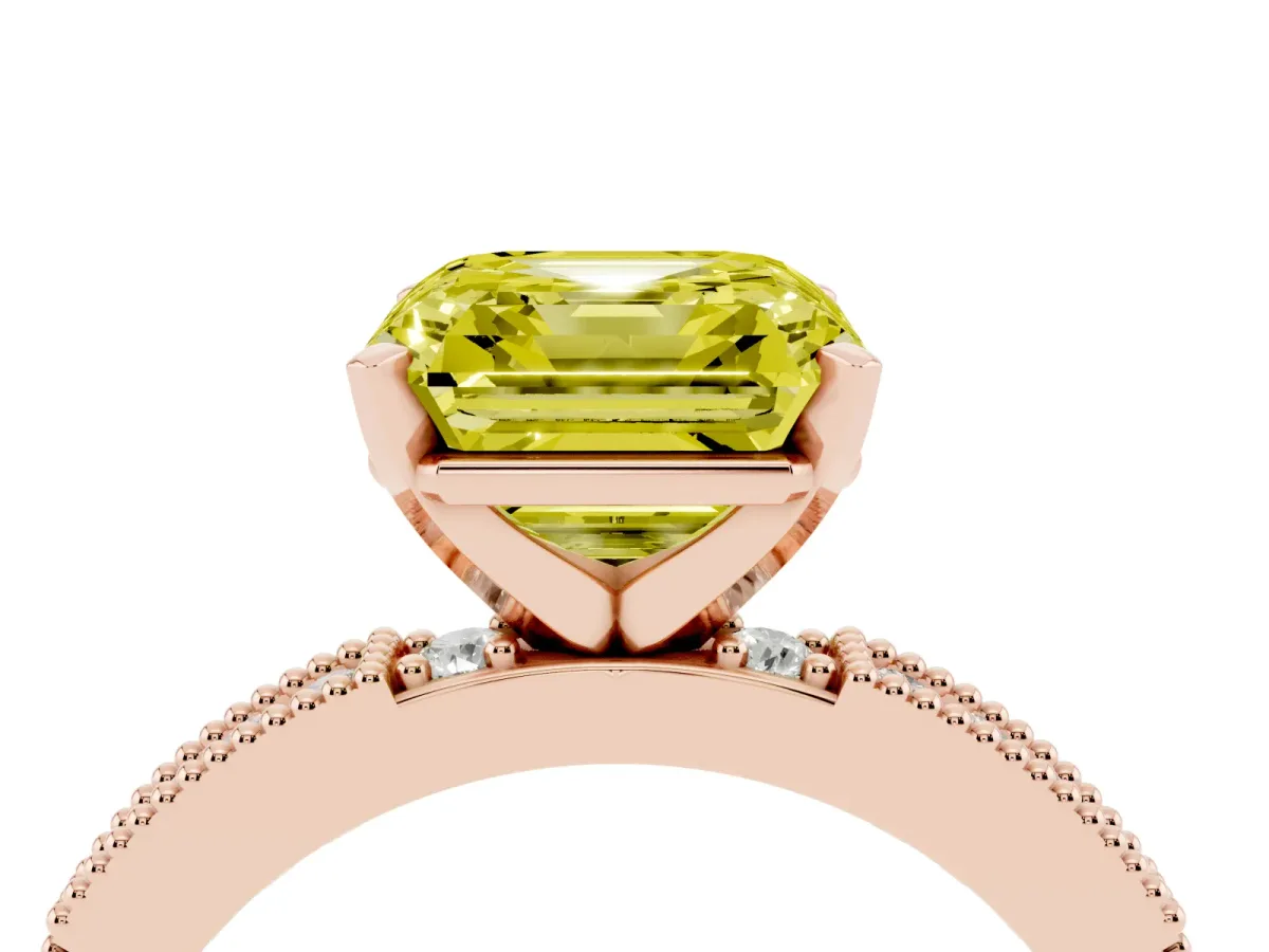 Fancy Yellow Asscher Cut Solitaire with Pavé Band and Four-Prong Setting Rose gold