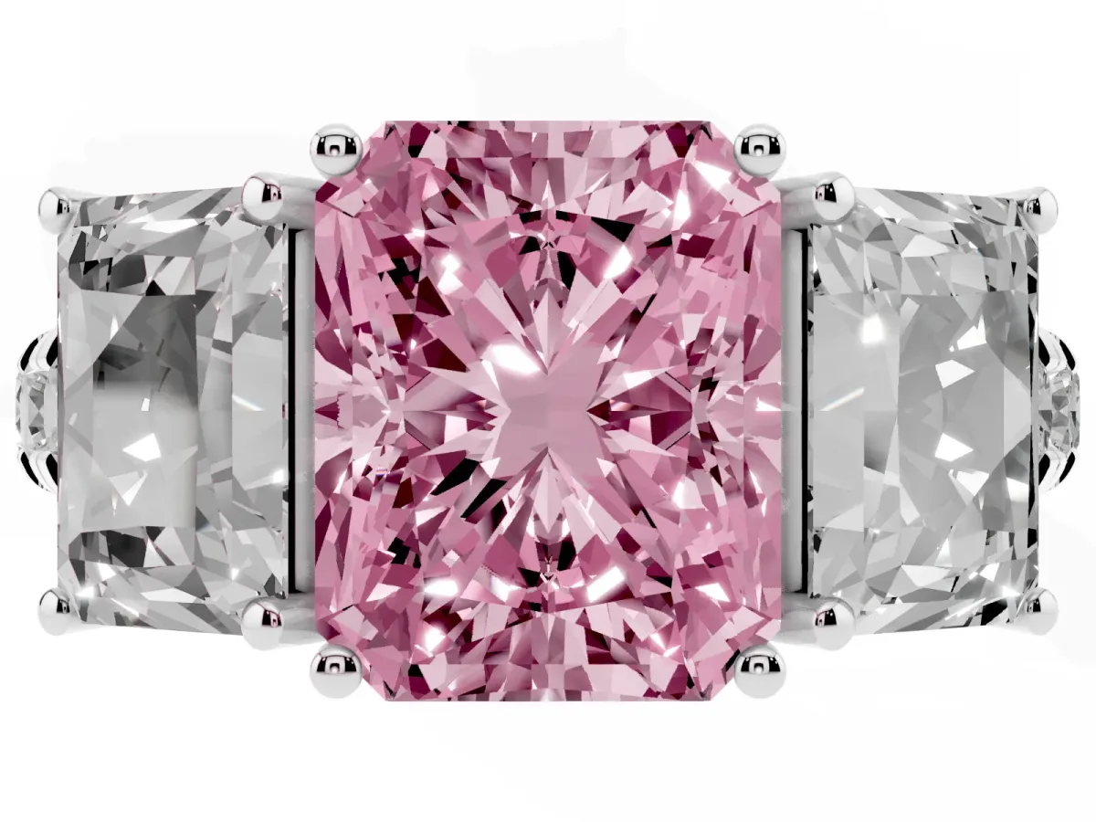 Fancy Pink Three-Stone Radiant Cut Diamond Pavé Band with Prong Setting Silver