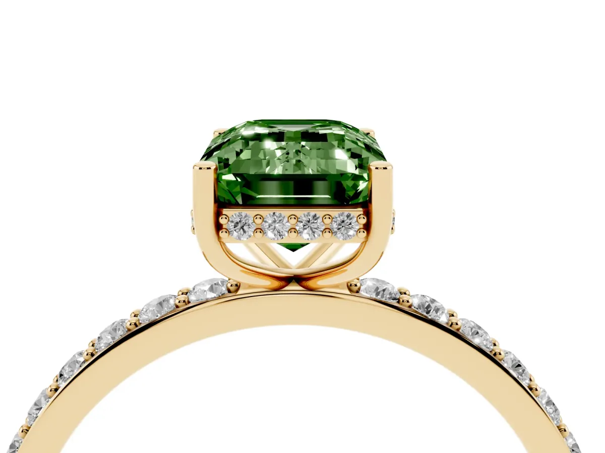 Fancy Green Emerald Cut Diamond Solitaire Ring with Pavé Band and Hidden Halo Yellow gold