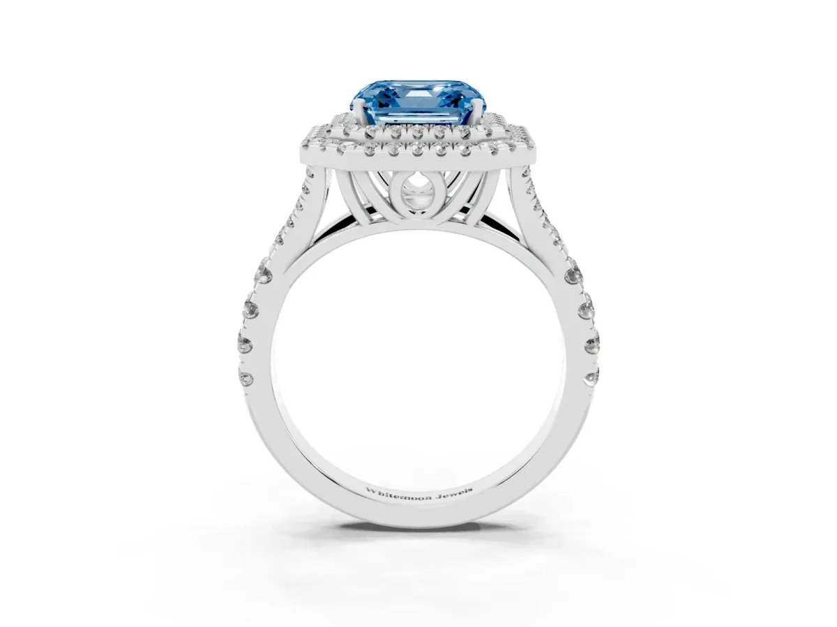 Fancy Blue Asscher Cut Diamond Pavé Split Shank Double Halo Engagement Ring Silver