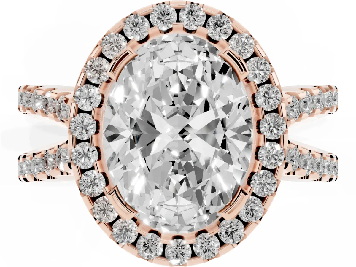 Oval Cut Diamond Halo Ring with Split Shank Pavé Band and Prong Setting Rose gold