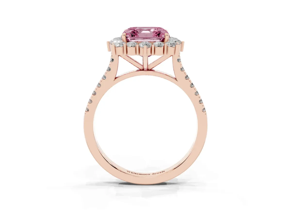 Fancy Pink Asscher Cut Halo Diamond Ring with Pavé Band and Prong Setting Rose gold