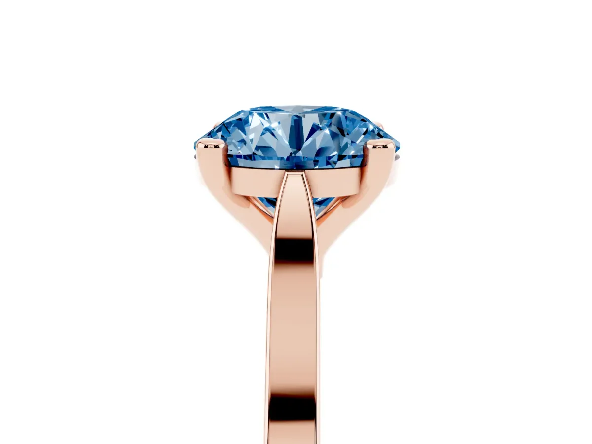 Fancy Blue Round Cut Solitaire Diamond Ring with Four-Prong Setting and Tapered Band Rose gold