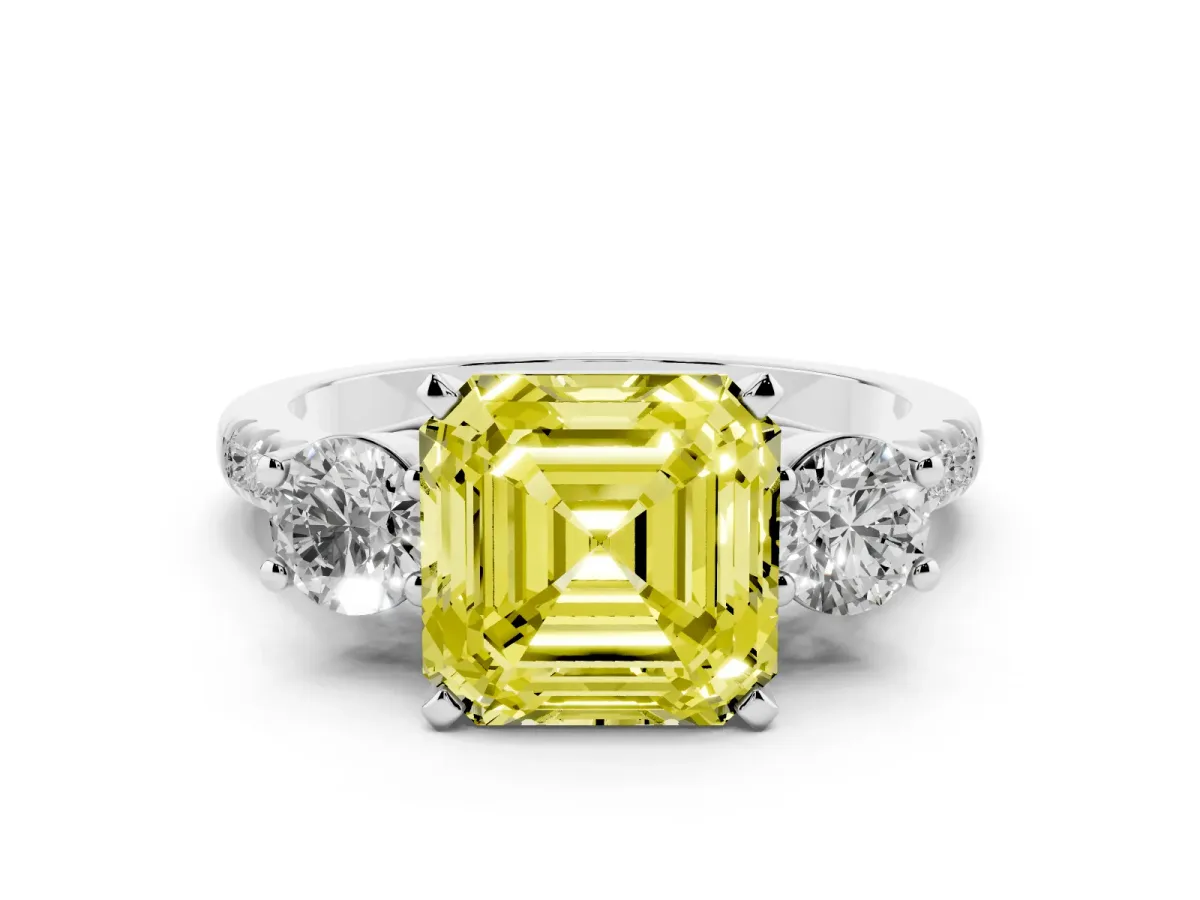 Fancy Yellow Three-Stone Asscher Cut Diamond Pavé Band with Four-Prong Setting Silver