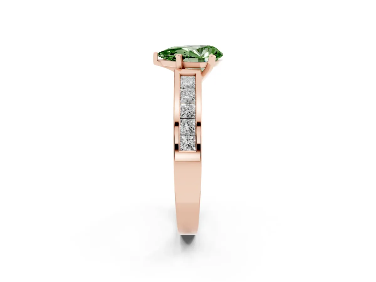 Fancy Green Pear Cut Solitaire Diamond Ring with Channel-Set Band and Four-Prong Setting Rose gold