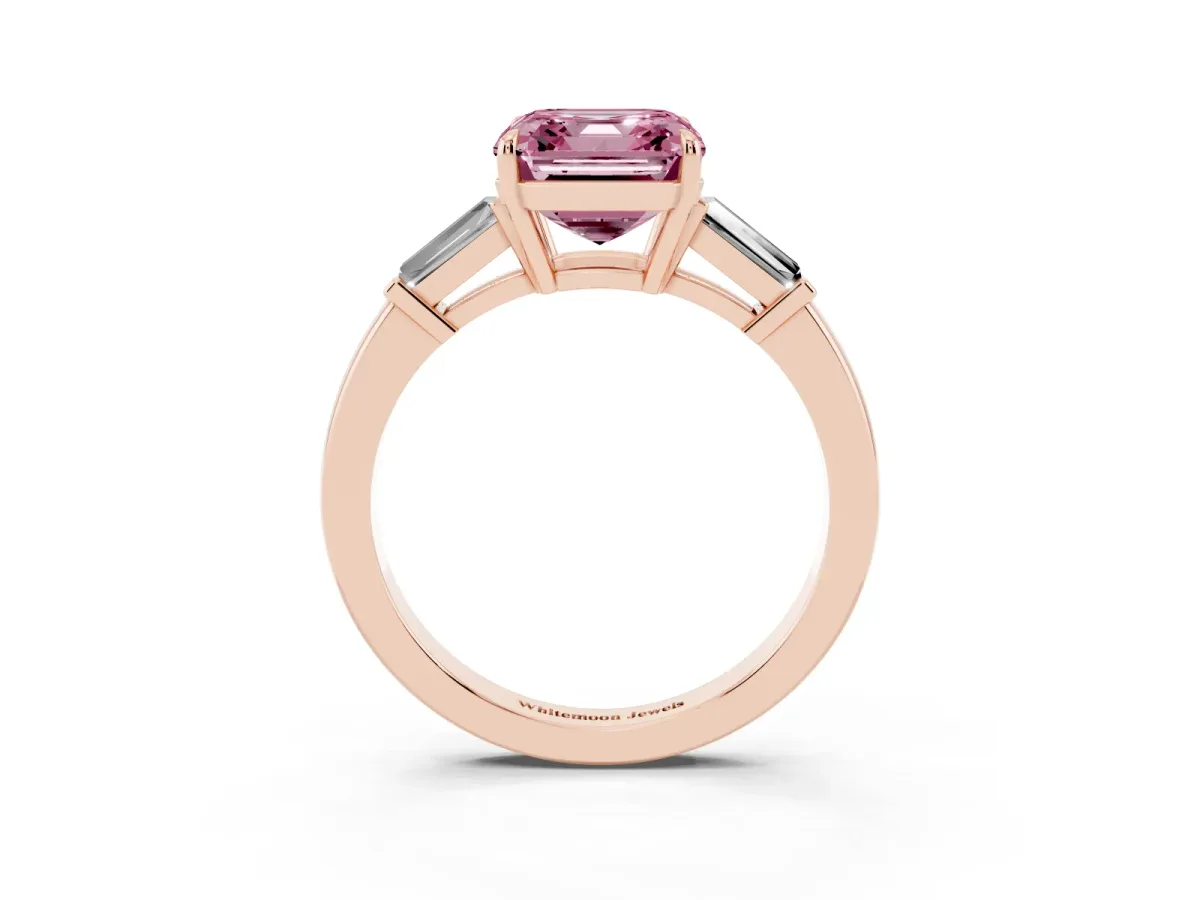Fancy Pink Asscher Cut Diamond Three-Stone Ring with Tapered Baguette Side Stones and Prong Setting Rose gold