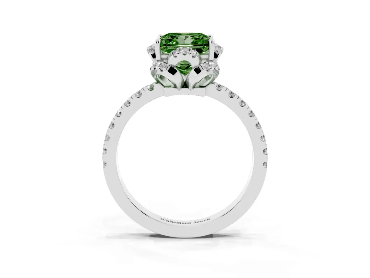 Fancy Green Princess Cut Halo Diamond Pave Band Ring with Four-Prong Setting Silver