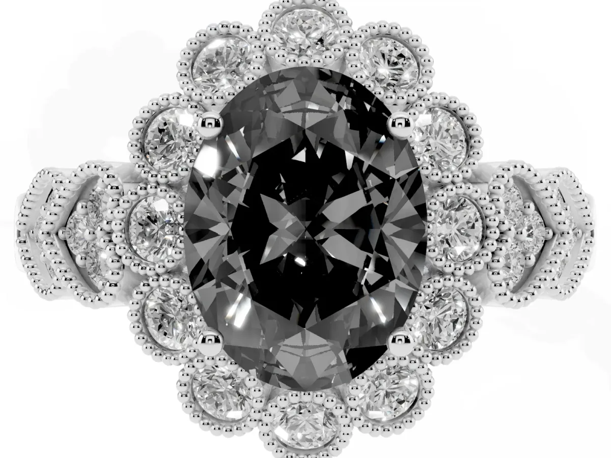 Fancy Black Oval Cut Brilliant Milgrain Pave Heart Band Solitaire Ring Silver