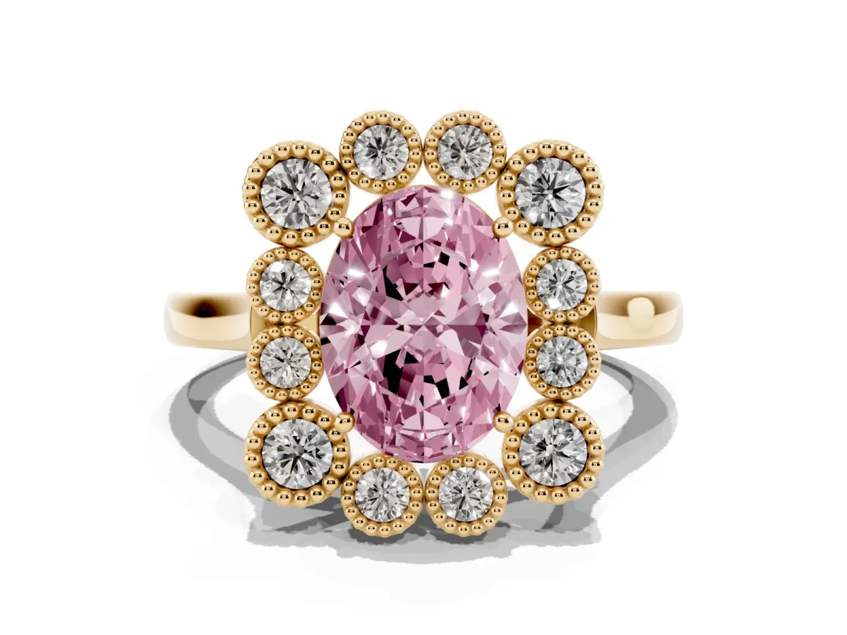 Fancy Pink Oval Cut Halo Diamond Cluster Engagement Ring with Milgrain Bezel Setting and Solitaire Band Yellow gold