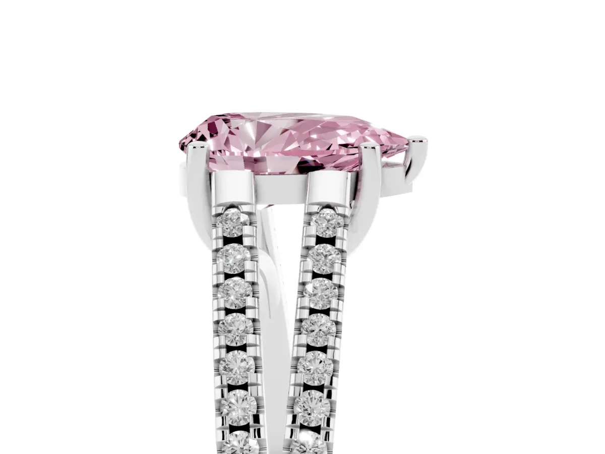 Fancy Pink Pear Cut Diamond Solitaire Engagement Ring with Split Shank Pavé Band Silver
