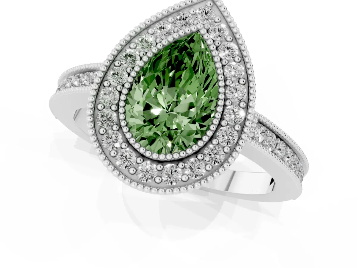 Fancy Green Pear Cut Cut Halo Diamond Ring with Pavé Band and Milgrain Prong Setting Platinum