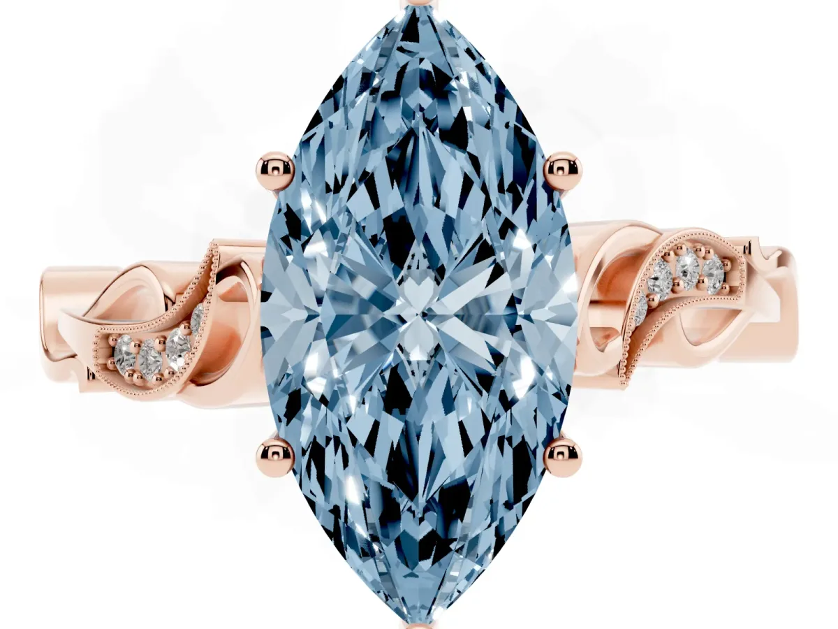 Fancy Blue Marquise Cut Solitaire Vine Band with Milgrain Prong Setting Rose gold