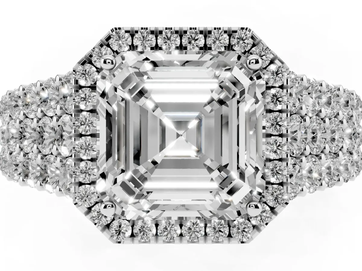 Asscher Cut Diamond Halo Engagement Ring with Triple Row Round Pavé Band and Prong Setting Platinum