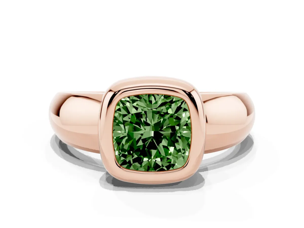 Fancy Green Bezel Set Cushion Cut Solitaire Ring with Wide Band Rose gold