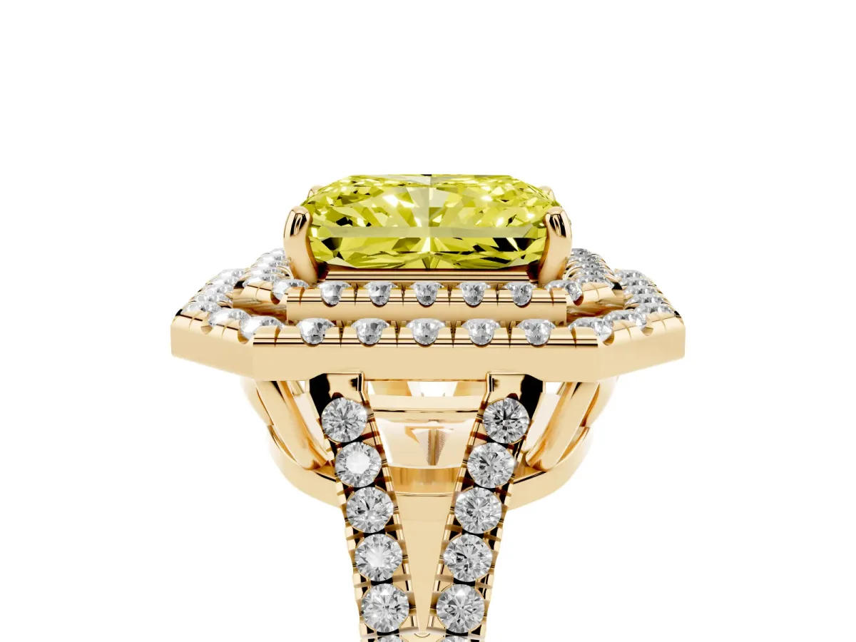 Fancy Yellow Radiant Cut Diamond Double Halo Ring with Pavé Band and Prong Setting Yellow gold