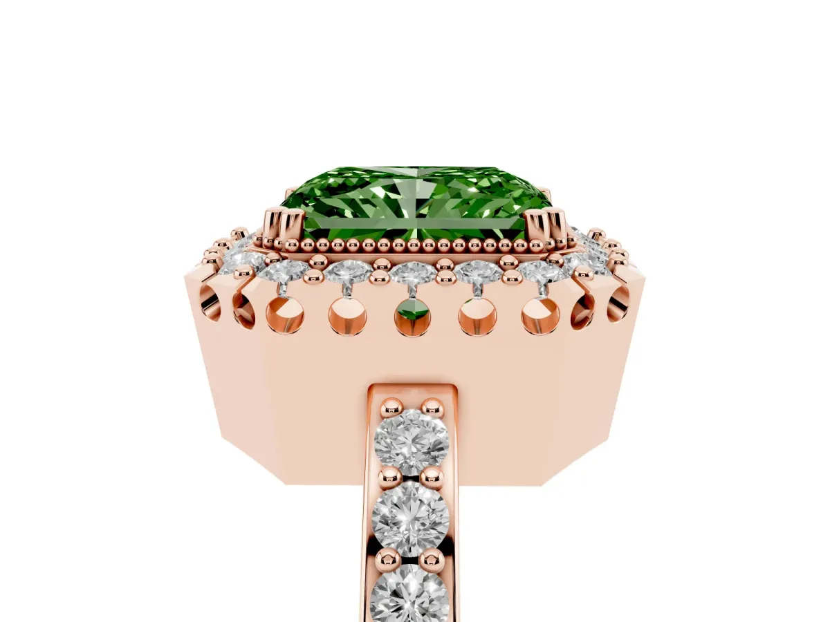 Fancy Green Radiant Cut Diamond Halo Ring with Pavé Band and Prong Setting Rose gold