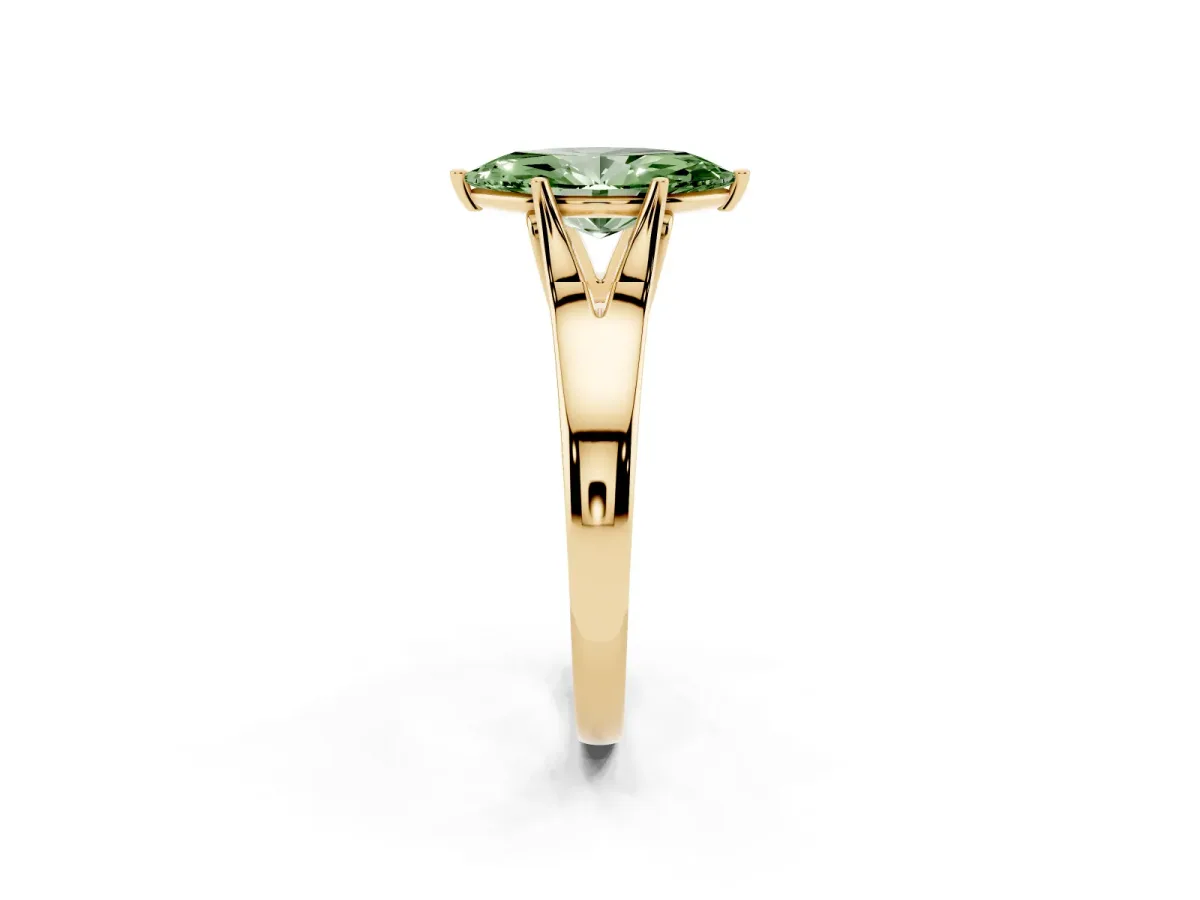Fancy Green Marquise Cut Solitaire Diamond Ring with Cathedral Band and Four-Prong Setting Yellow gold