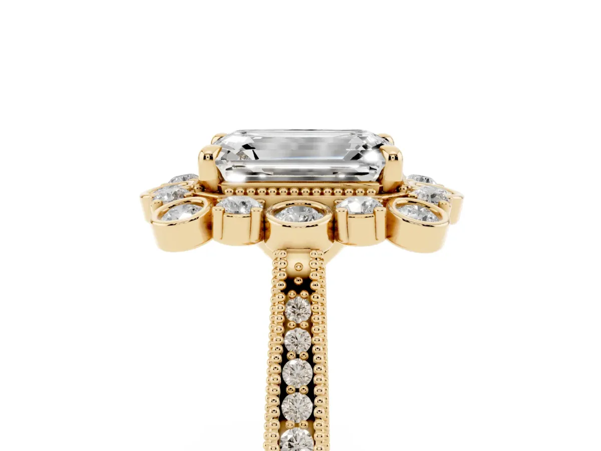 Emerald Cut Halo Milgrain Pave Diamond Ring with Four-Prong Setting Yellow gold