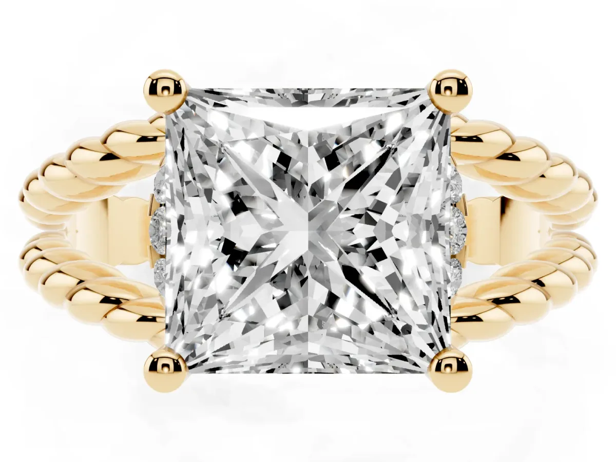 Princess Cut Halo Twisted Band Four-Prong Ring Yellow gold