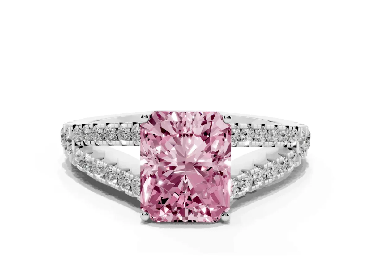 Fancy Pink Radiant Cut Diamond Split Shank Pavé Engagement Ring with Four-Prong Setting Silver
