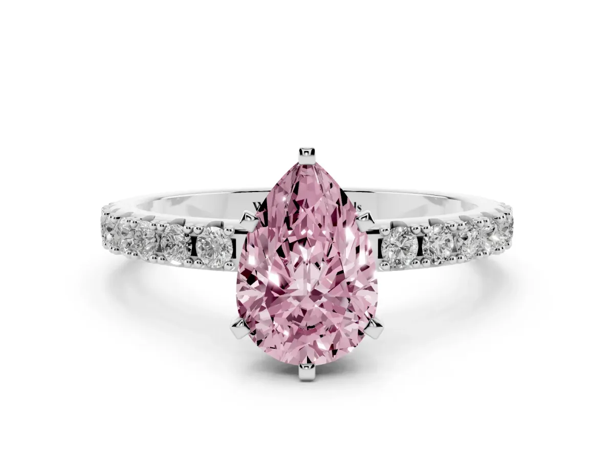 Fancy Pink Pear Cut Diamond Solitaire Pavé Band with Four-Prong Setting Silver