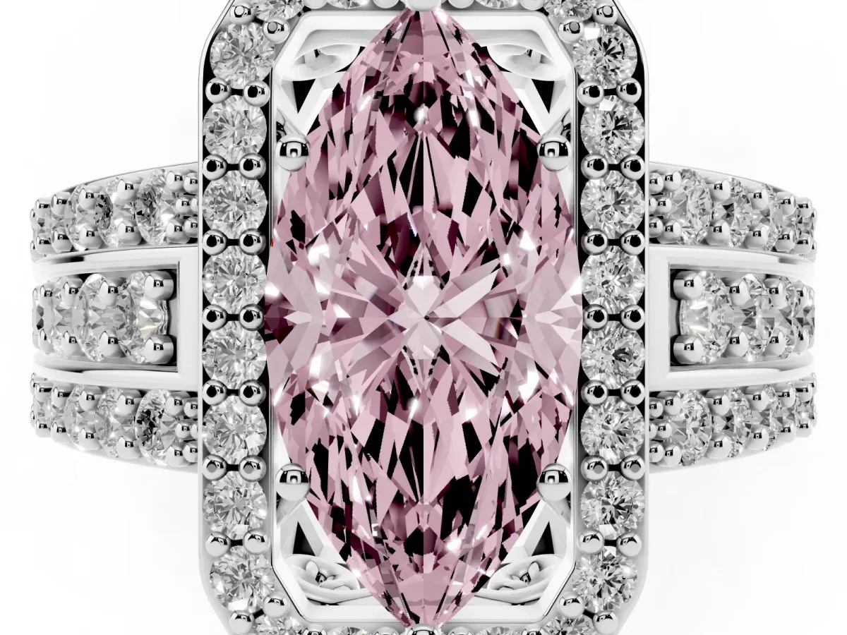 Fancy Pink Marquise Cut Halo Diamond Ring with Round Split Shank and Prong Setting Silver