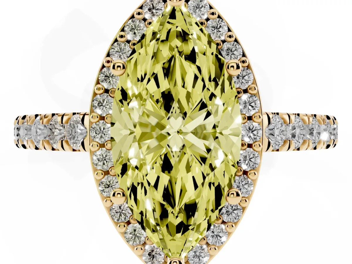 Fancy Yellow Marquise Cut Cut Halo Diamond Engagement Ring with Pave Band and Four-Prong Setting Yellow gold
