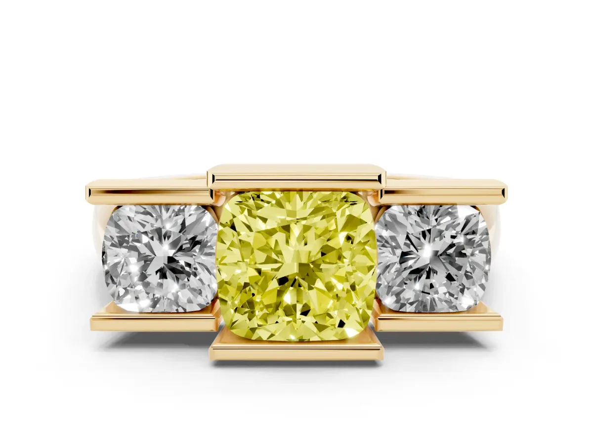 Fancy Yellow Three Stone Cushion Cut Cut Channel Set Diamond Ring Yellow gold