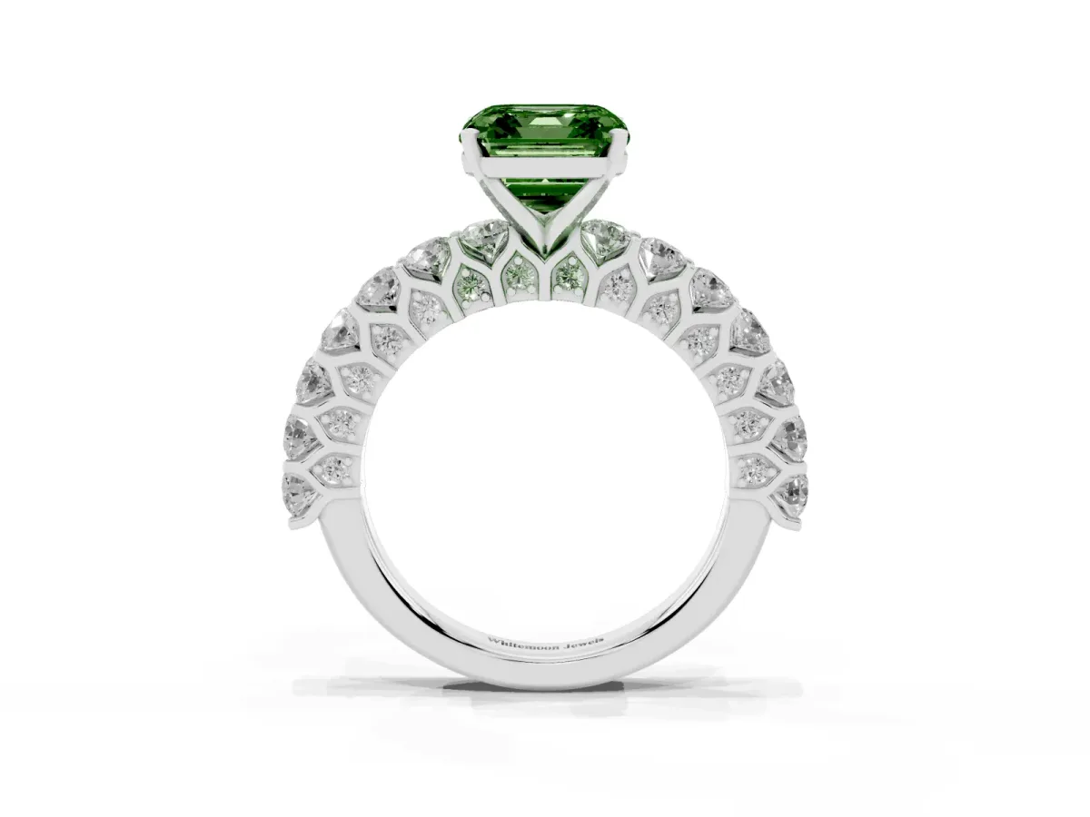 Fancy Green Asscher Cut Diamond Solitaire Ring with Shared Prong Pavé Band and Four-Prong Setting Silver