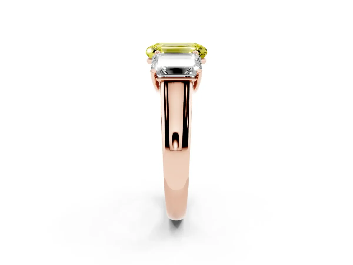 Fancy Yellow Emerald Cut Three-Stone Diamond Ring with Prong Setting on a Classic Band Rose gold