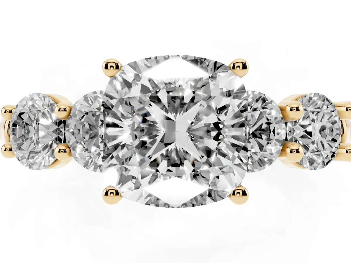 Cushion Cut Cut Five-Stone Prong Set Diamond Ring with Classic Band Yellow gold