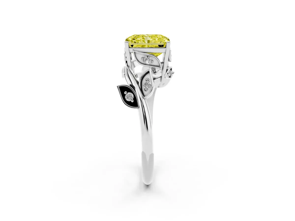 Fancy Yellow Radiant Cut Solitaire Twist Engagement Ring with Leaf Accents and Prong Setting Silver