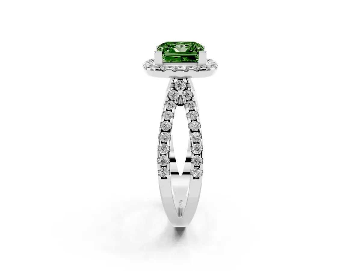 Fancy Green Princess Cut Diamond Halo Ring with Split Shank Pavé Band and Prong Setting Silver