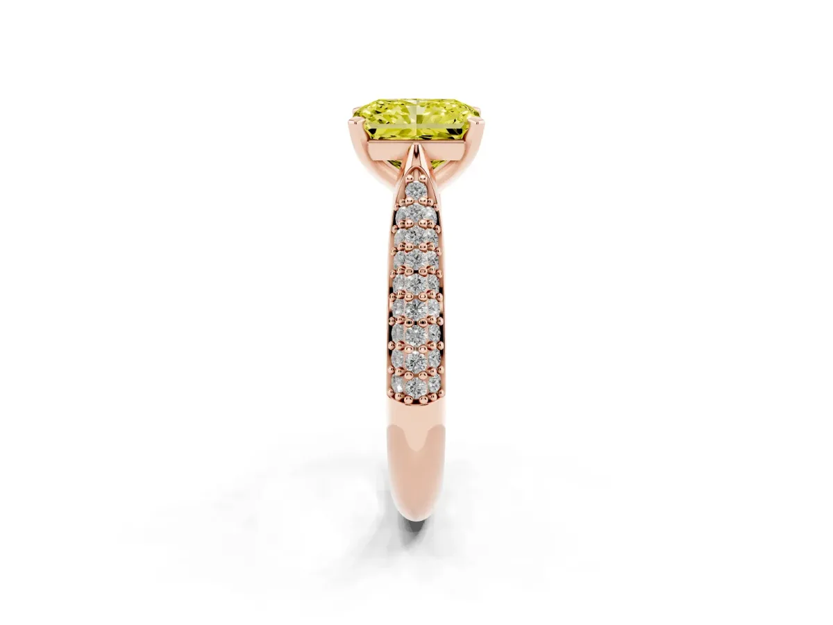 Fancy Yellow Radiant Cut Diamond Solitaire Engagement Ring with Multi-Row Round Pavé Band and Prong Setting Rose gold