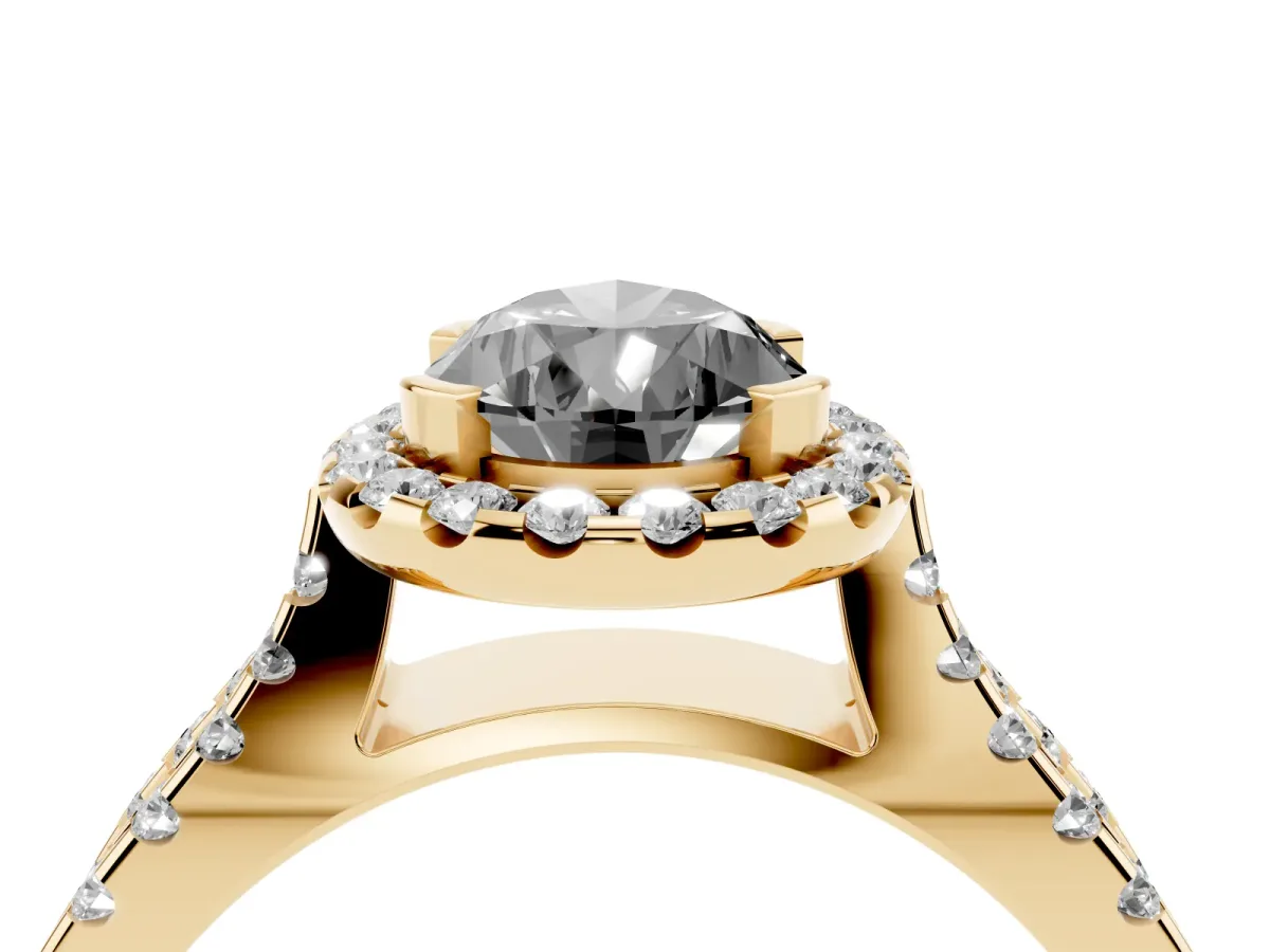 Fancy Black Pear Cut Diamond Halo Ring with Split Shank Pavé Band and Prong Setting Yellow gold