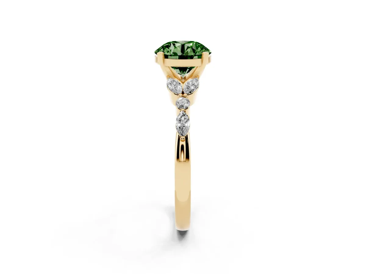 Fancy Green Round Cut Diamond Solitaire Ring with Side Stones and Four-Prong Setting Yellow gold