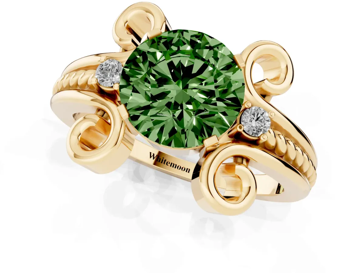 Fancy Green Round Cut Solitaire Twisted Band Scroll Prong Ring Yellow gold