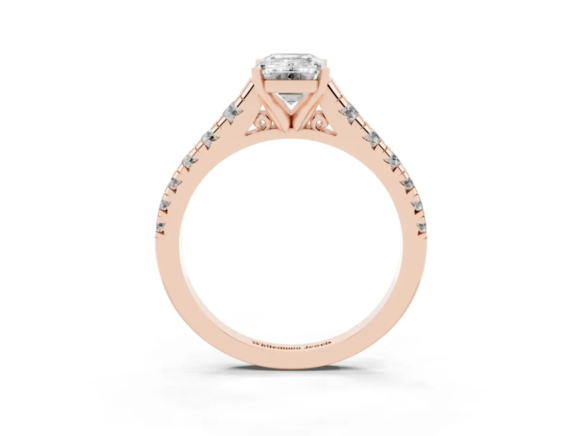 Emerald Cut Diamond Cathedral Solitaire Ring with Round Pavé Band Rose gold