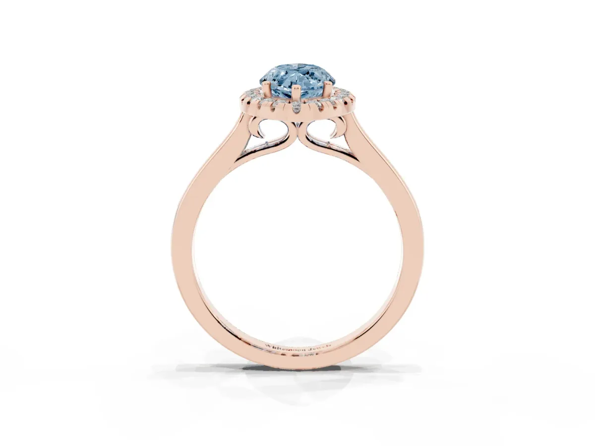 Fancy Blue Marquise Cut Halo Round Diamond Solitaire Ring with Pavé Band and Four-Prong Setting Rose gold