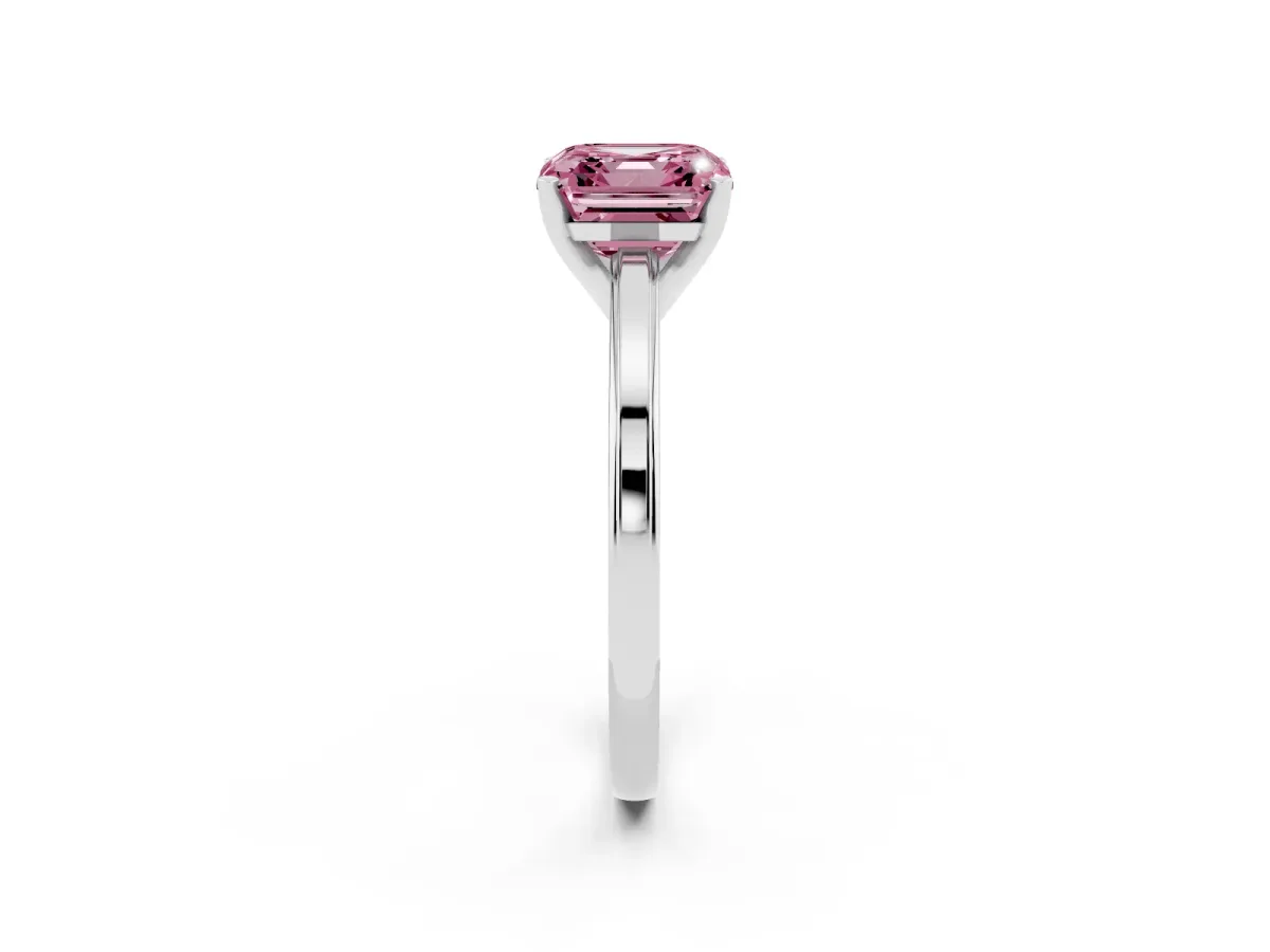Fancy Pink Asscher Cut Solitaire Diamond Ring with Four-Prong Setting and Classic Band Platinum