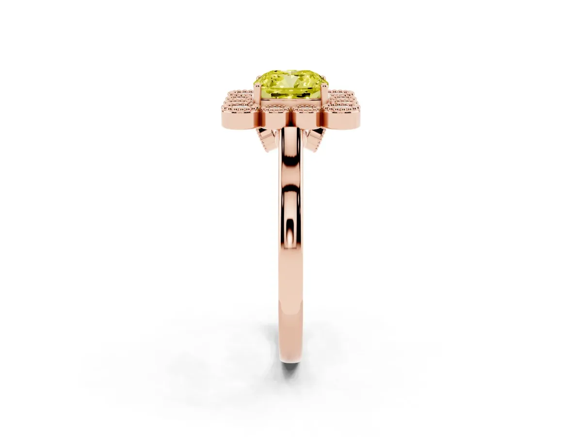 Fancy Yellow Cushion Cut Halo Diamond Cluster Engagement Ring with Milgrain Bezel Setting and Solitaire Band Rose gold