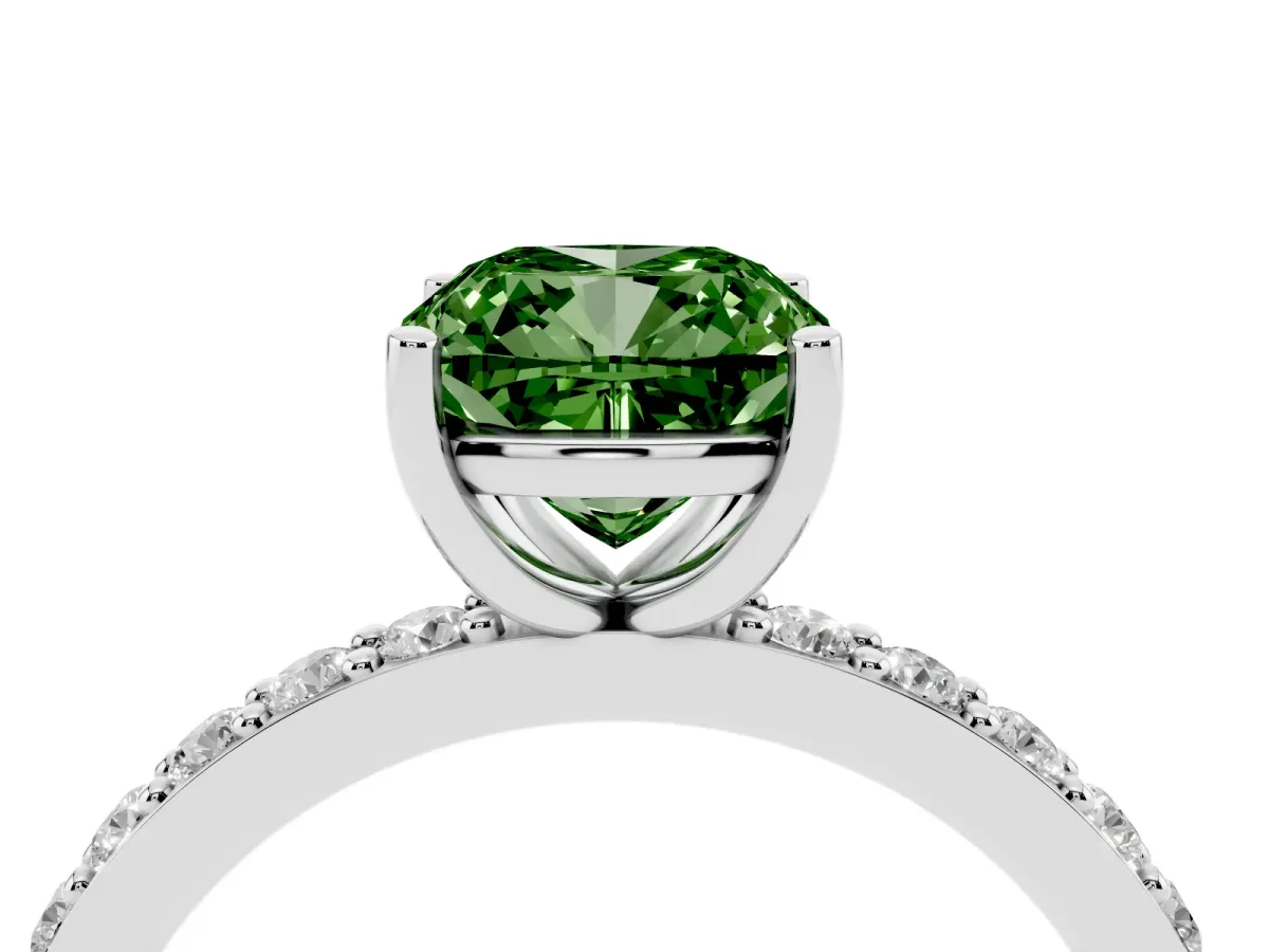 Fancy Green Cushion Cut Cut Diamond Solitaire with Pave Band and Four-Prong Setting Silver