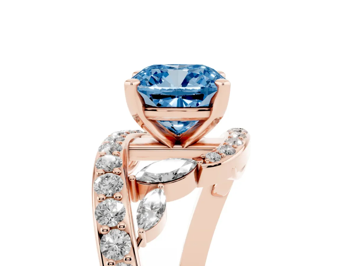 Fancy Blue Cushion Cut Diamond Solitaire Ring with Filigree Band and Four-Prong Setting Rose gold