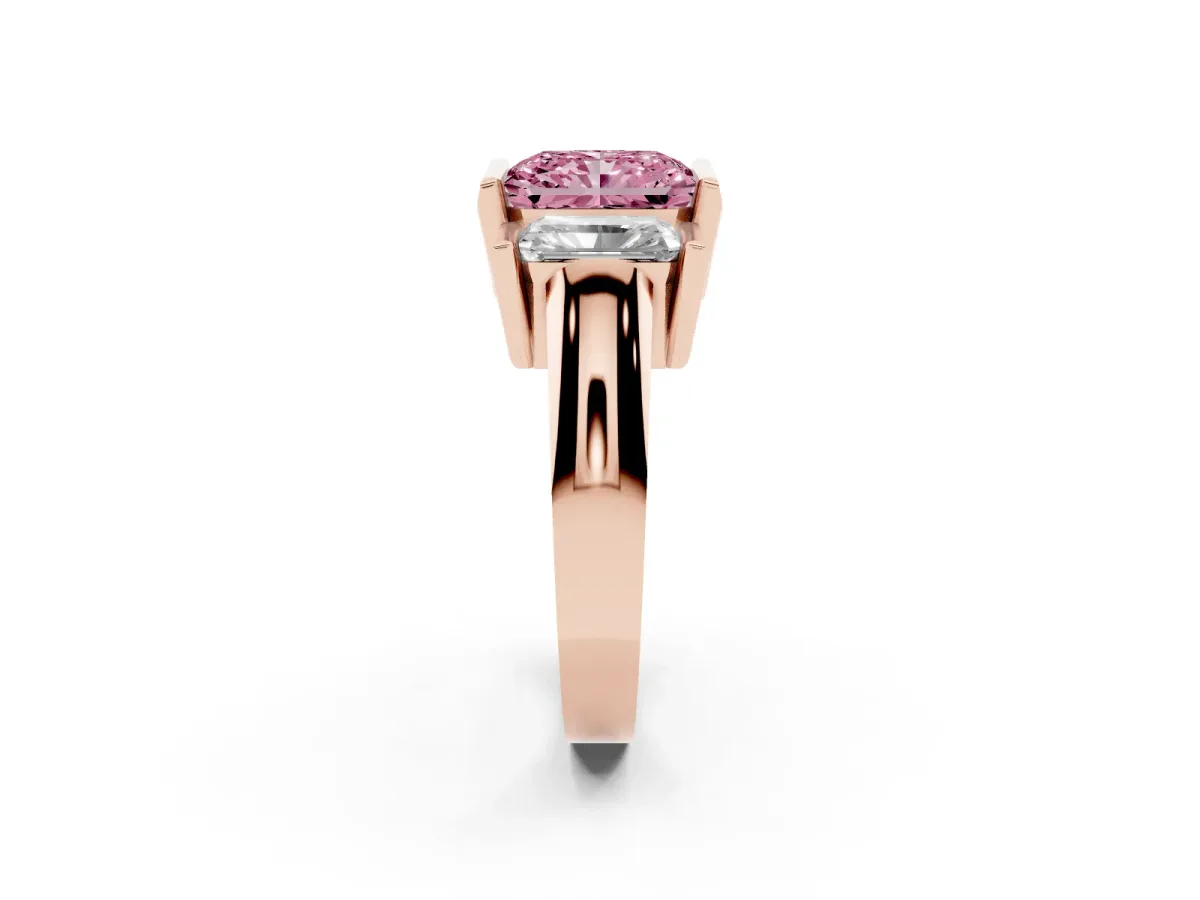 Fancy Pink Three Stone Radiant Cut Cut Channel Set Diamond Ring Rose gold