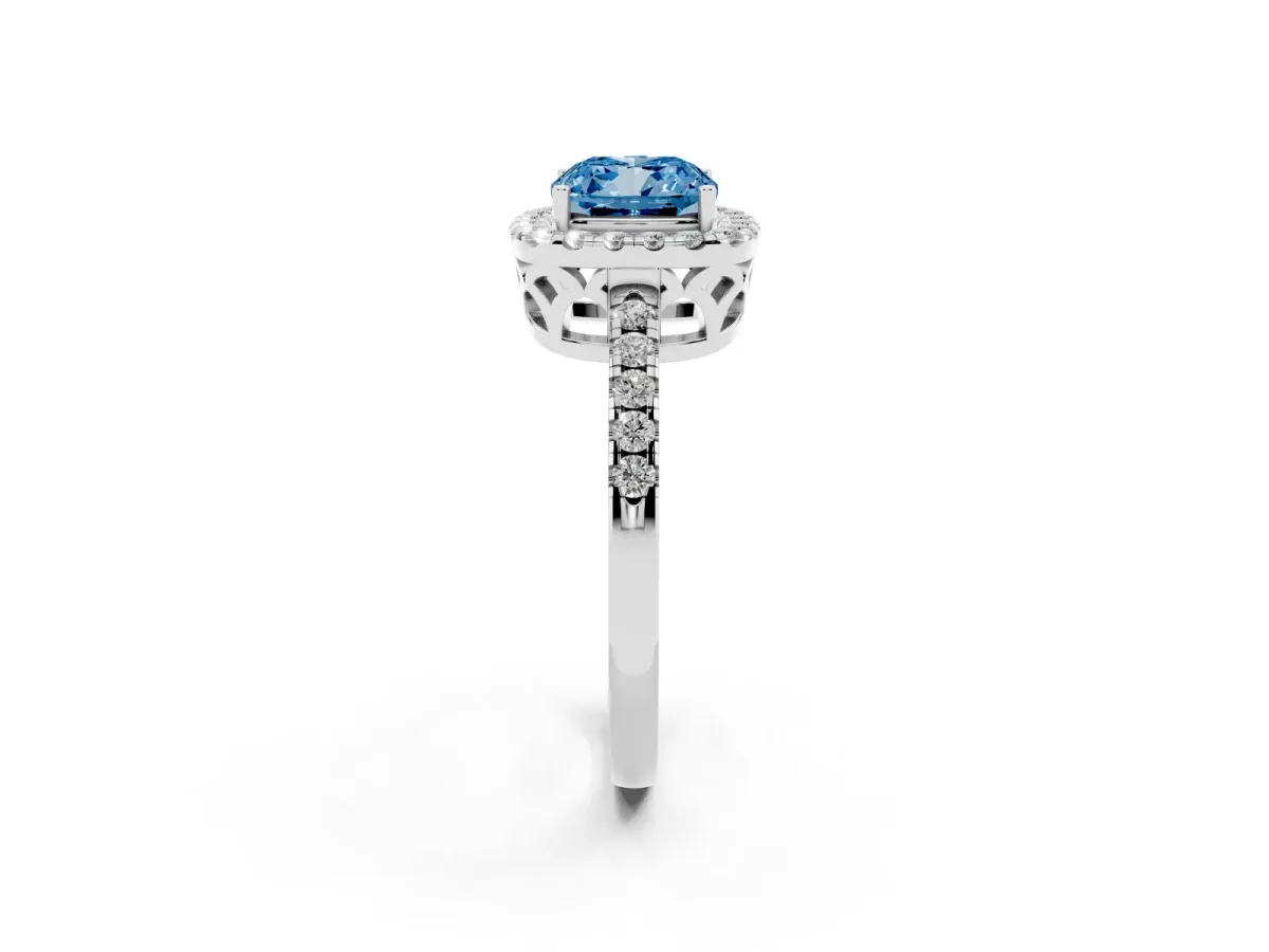Fancy Blue Cushion Cut Halo Diamond Engagement Ring with Pavé Band and Four-Prong Setting Platinum