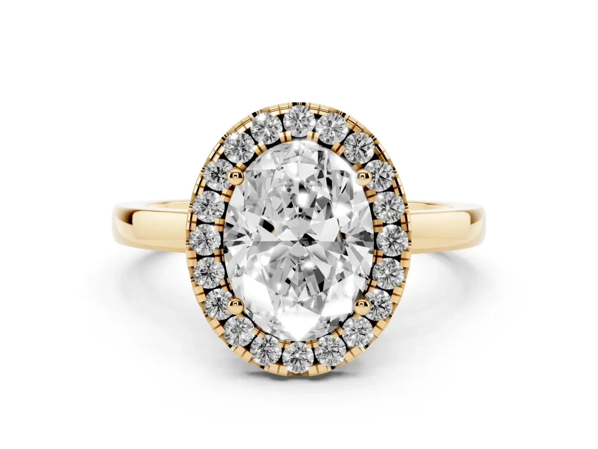 Oval Cut Halo Diamond Solitaire with Pavé Band and Four-Prong Setting Yellow gold