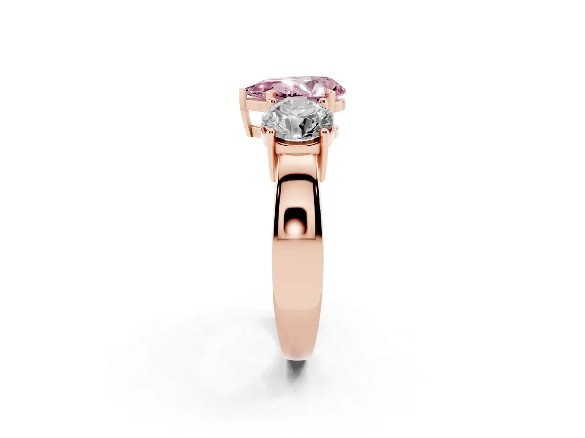 Fancy Pink Three-Stone Pear Cut Diamond Ring with Round Side Stones, Classic Band, and Four-Prong Setting Rose gold
